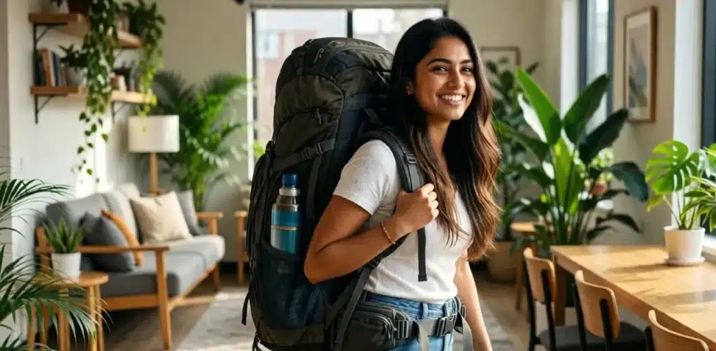 happy solo traveler-entering modern hostel