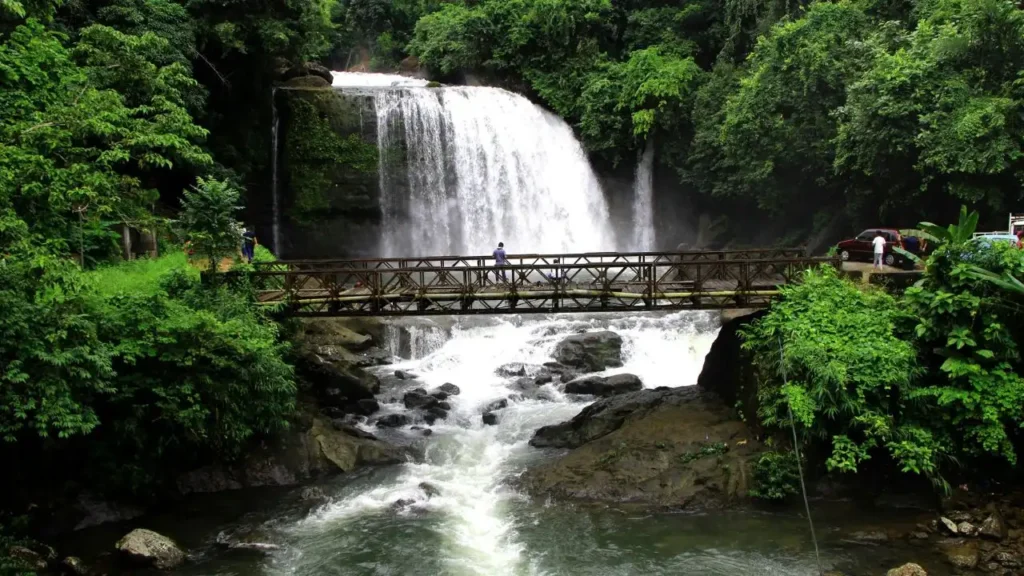 A small wooden and bamboo bridge over a river in Bali jungle