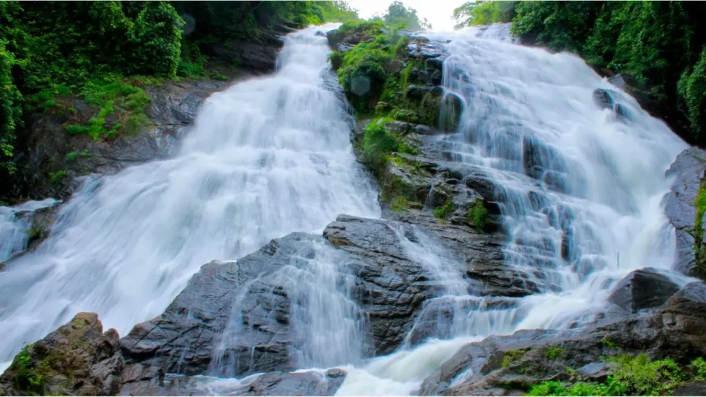 A tall white waterfall surrounded by green jungle plants in Bali