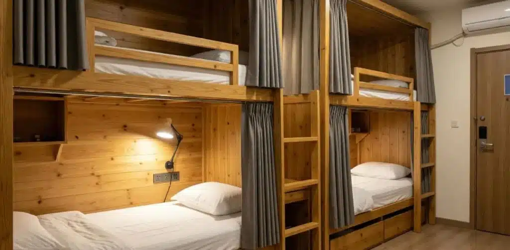 modern hostel dorm room with privacy curtains.