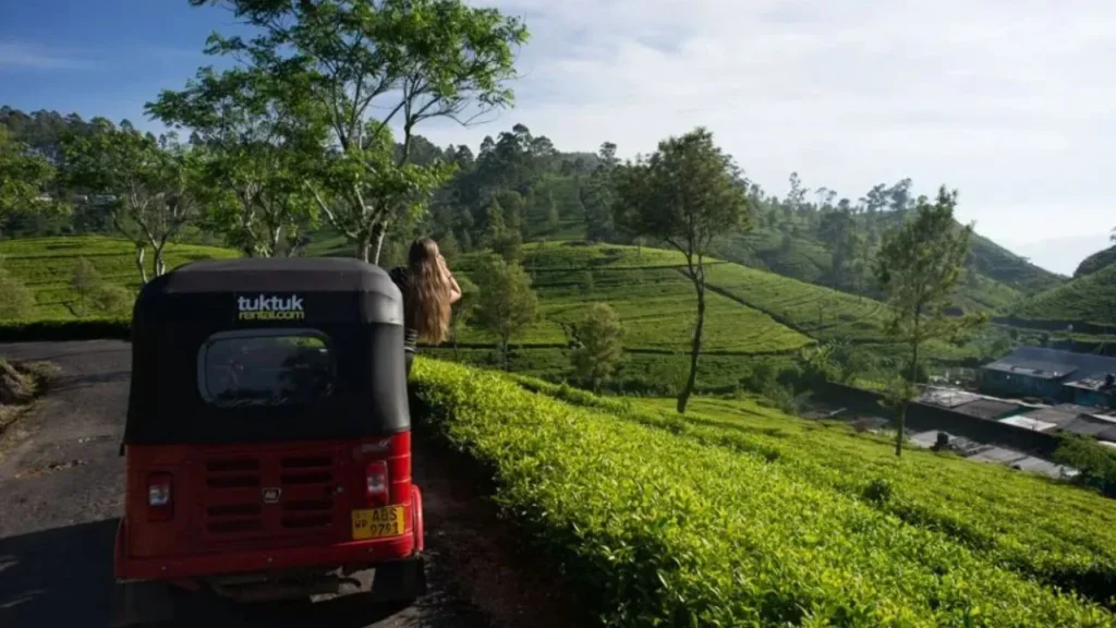 A colorful Sri Lankan Tuk-tuk traveling on the scenic road to Ramboda