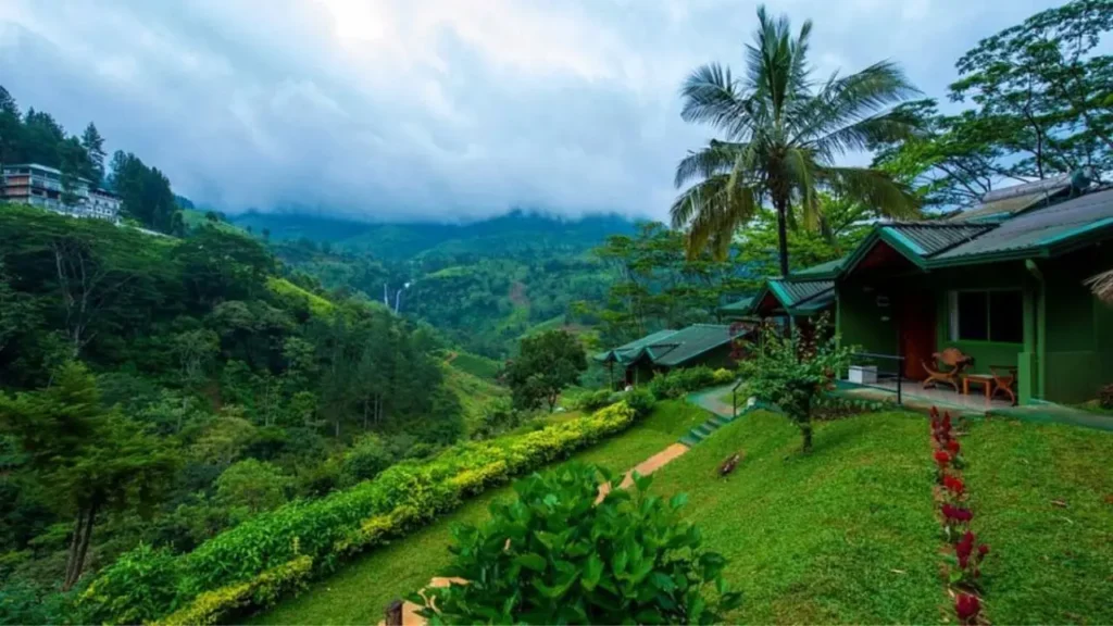 Beautiful waterfall view from the balcony of a hotel in Ramboda