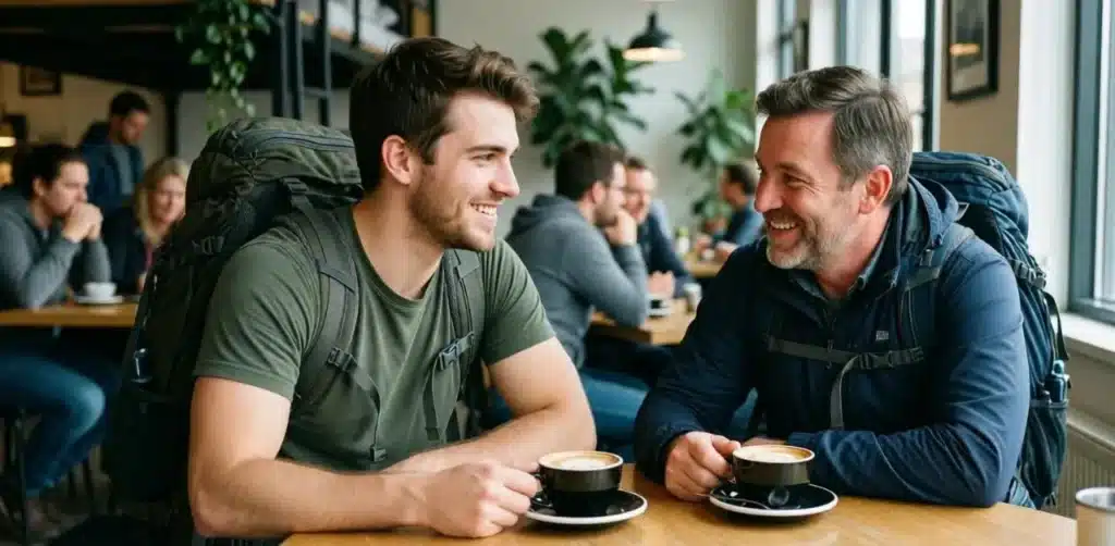 solo travelers of different ages socializing in hostel