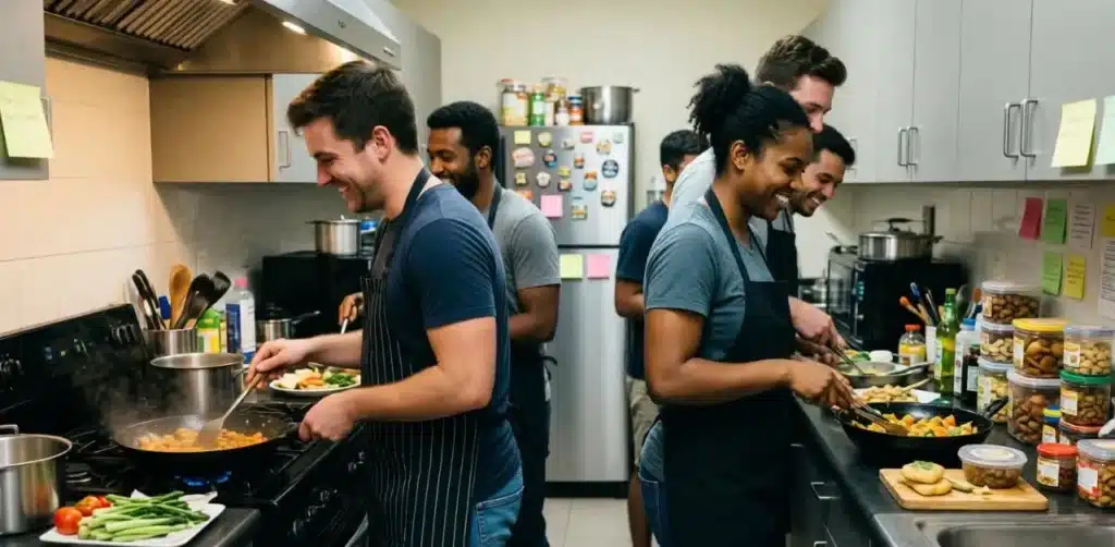 travelers cooking together in communal hostel kitchen