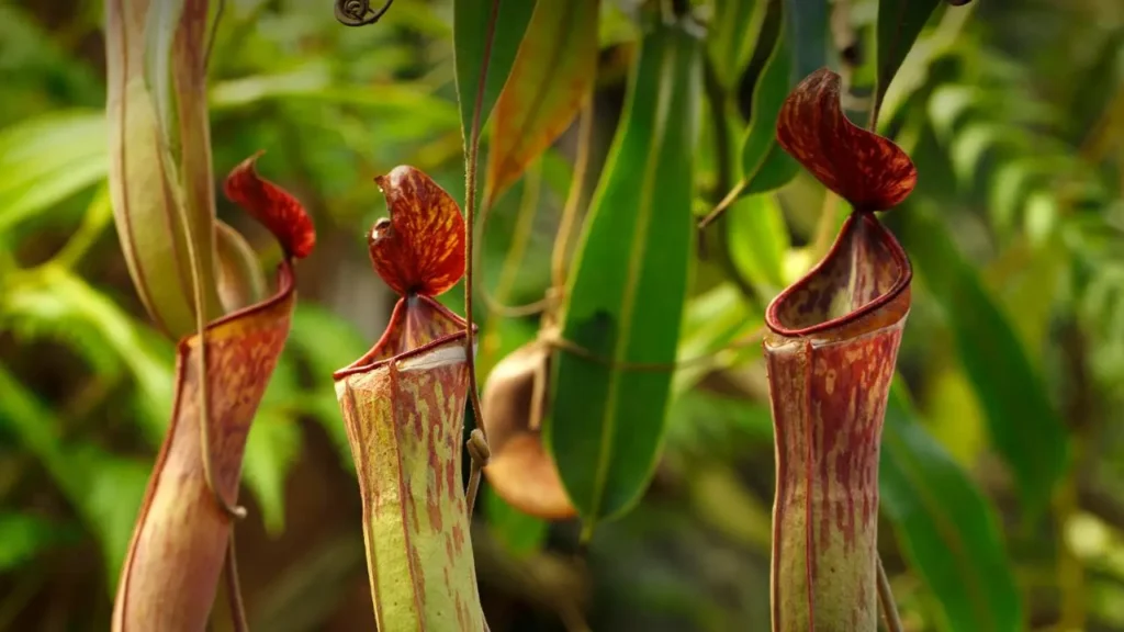 A close-up shot of the unique carnivorous pitcher plant (Nepenthes khasiana) found in the ecosystem around Seven Sisters Waterfall, Meghalaya