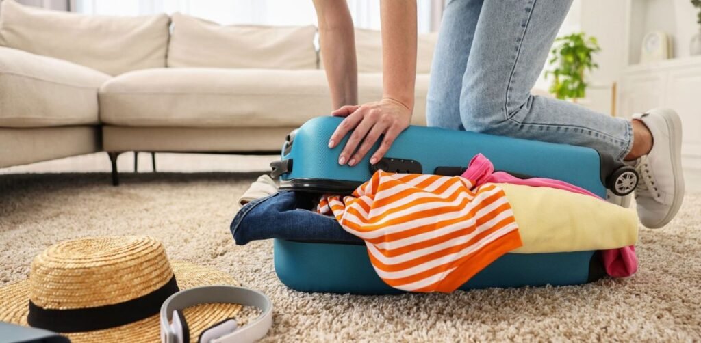 A flat lay of travel essentials and gear packed for a trip