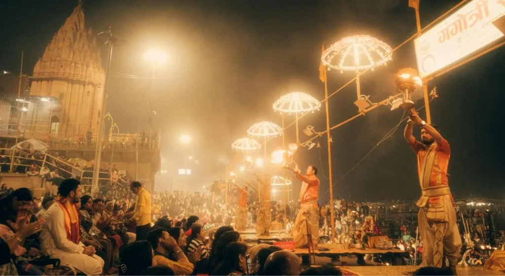 Evening Ganga Aarti being performed at Dashashwamedh Ghat near kaal bhairav temple Varanasi.