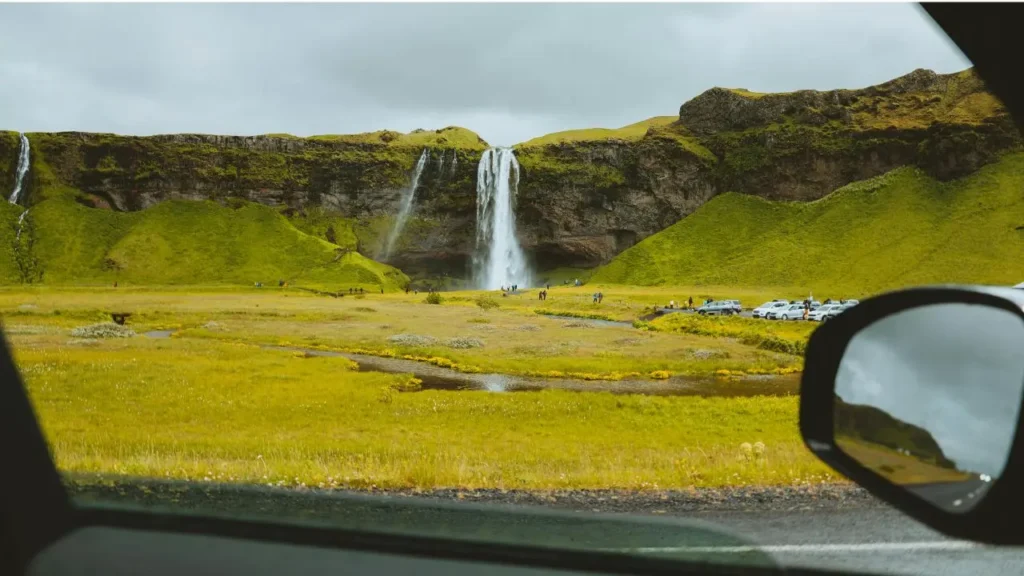 A view from Route 1 (Ring Road) in Iceland showing Seljalandsfoss waterfall from a distance