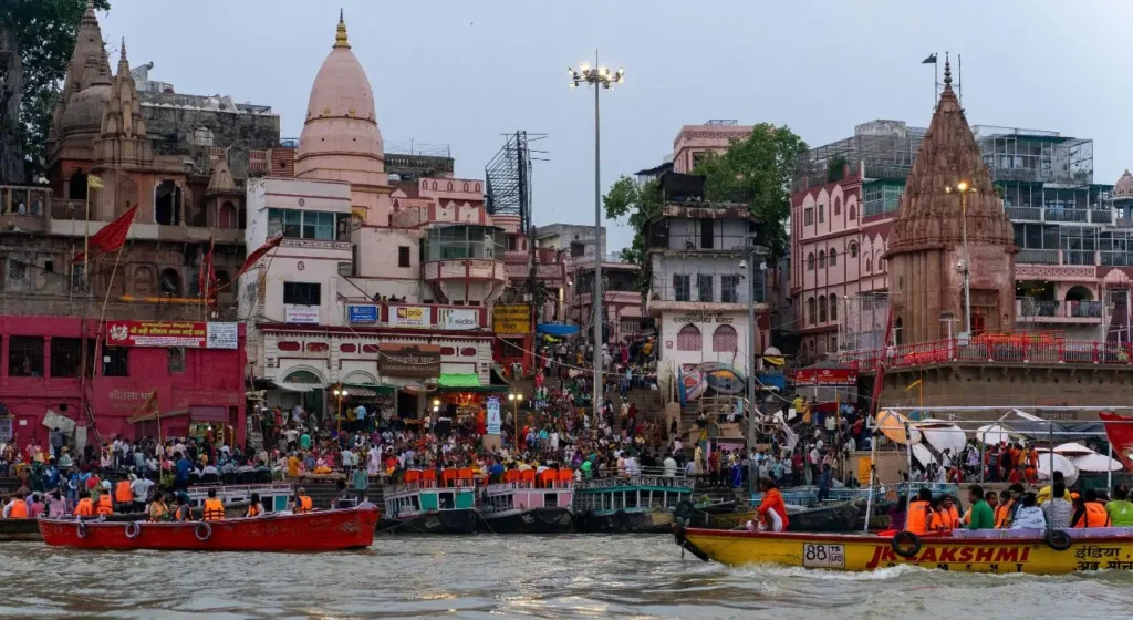View of Dashashwamedh Ghat with boats near the ancient kaal bhairav temple Varanasi