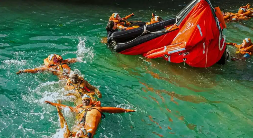 Travelers wearing life jackets while swimming in the Dudhsagar Waterfall base pool.