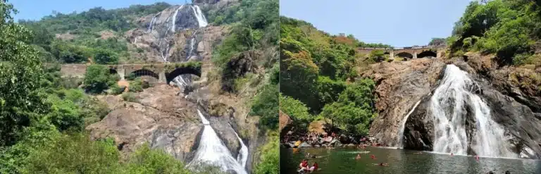 A beautiful full view of Dudhsagar Waterfall in Goa with a train passing on the bridge