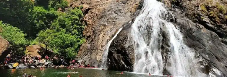 A beautiful full view of Dudhsagar Waterfall in Goa with a train passing on the bridge